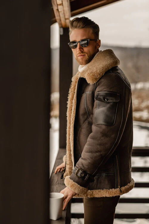 Men's Brown B3 Flying Aviator Shearling Long Coat