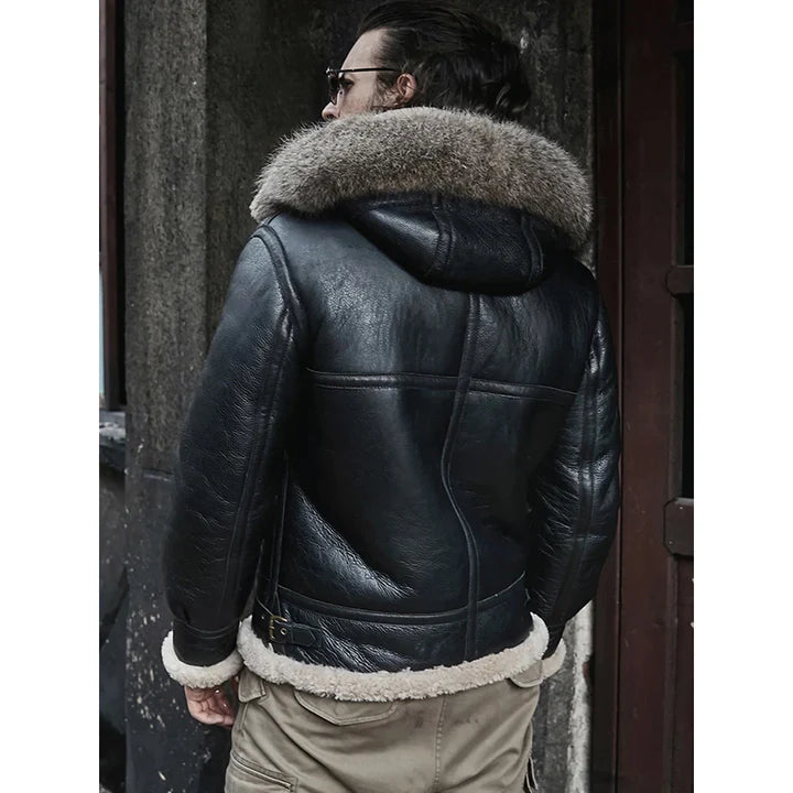 Men's Black Hooded RAF Aviator B3 Sheepskin Shearling Jacket – Back View