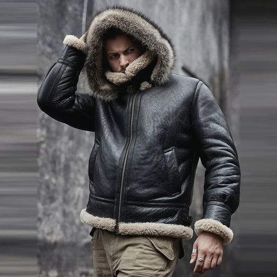 Men's Black Hooded RAF Aviator B3 Sheepskin Shearling Jacket