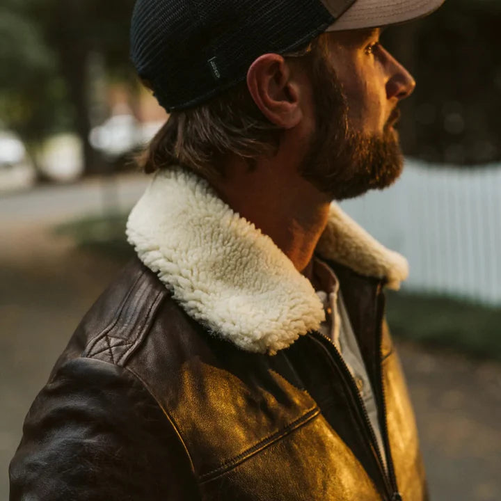 Men's Vintage Brown Lambskin A2 Shearling Bomber Jacket – Front View