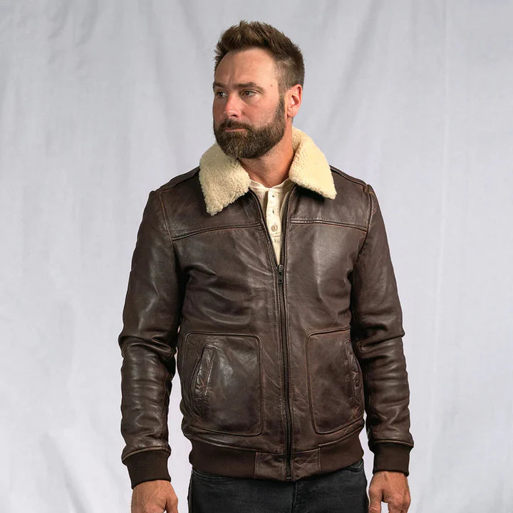 Men's Vintage Brown Lambskin A2 Shearling Bomber Jacket – Front View 2