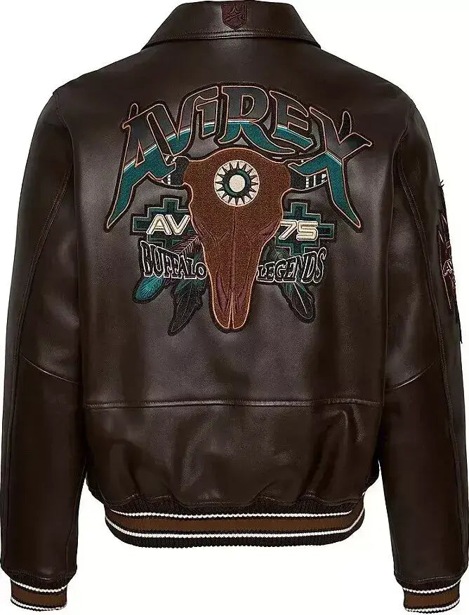 Men's Avirex Buffalo Legends Brown Leather Bomber Jacket – Back View 2