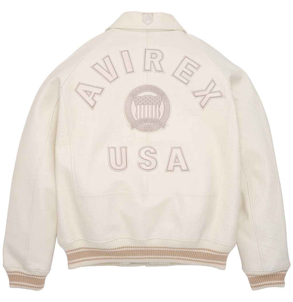Men's Avirex White Crocodile Icon Leather Jacket – Back View 2