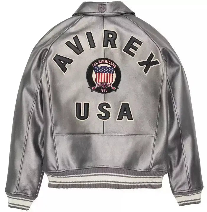Men's Avirex Silver Icon Leather Bomber Jacket – Back View 2