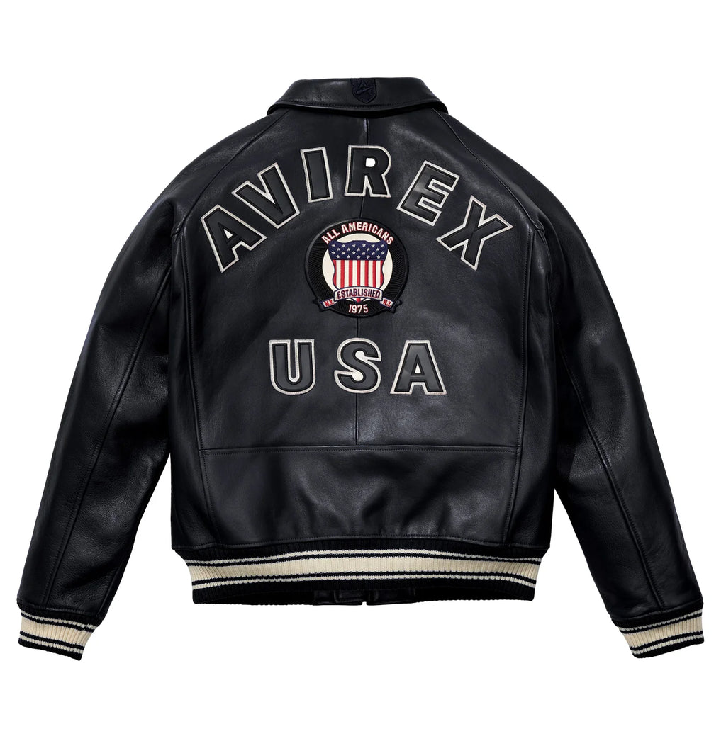 Men's Avirex Jet Black Icon Leather Bomber Jacket – Back View