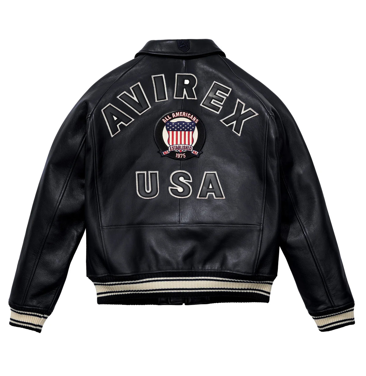 Men's Avirex Jet Black Icon Leather Bomber Jacket – Back View