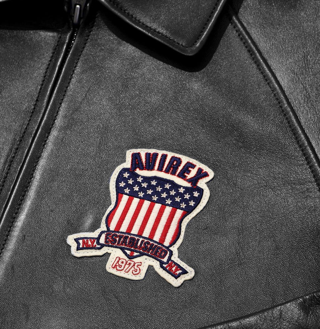 Men's Avirex Jet Black Icon Leather Bomber Jacket – Logo Detail