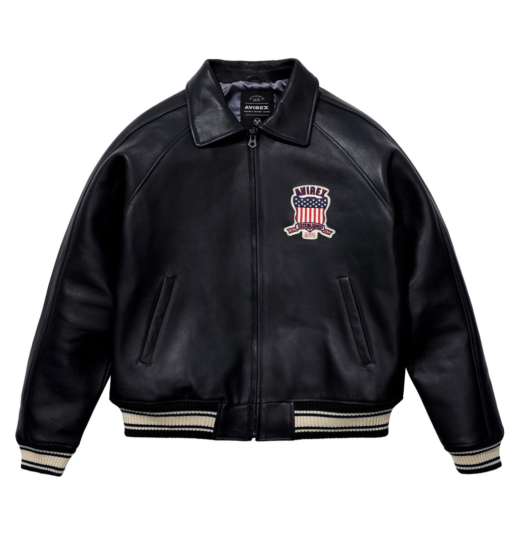 Men's Avirex Jet Black Icon Leather Bomber Jacket