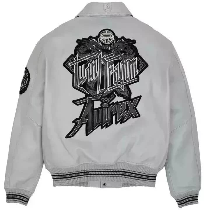 Men's Avirex Limited Edition Grey Twin Dragon Leather Jacket – Back View 2