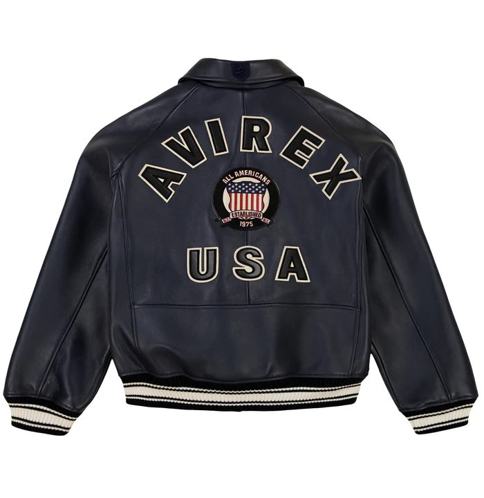 Men's Avirex Navy Blue Icon Leather Bomber Jacket – Back View 2
