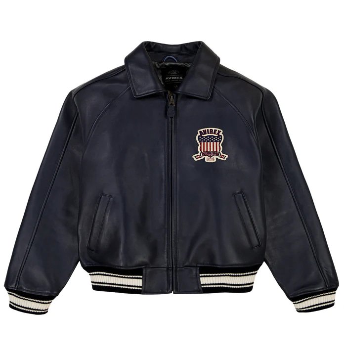 Men's Avirex Navy Blue Icon Leather Bomber Jacket