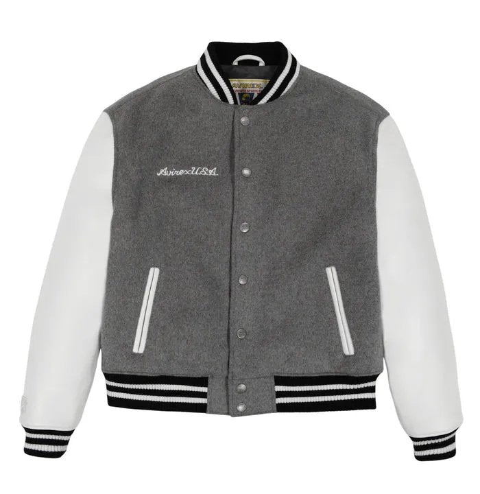 Men's Avirex Heather Grey Wool and Leather Varsity Jacket