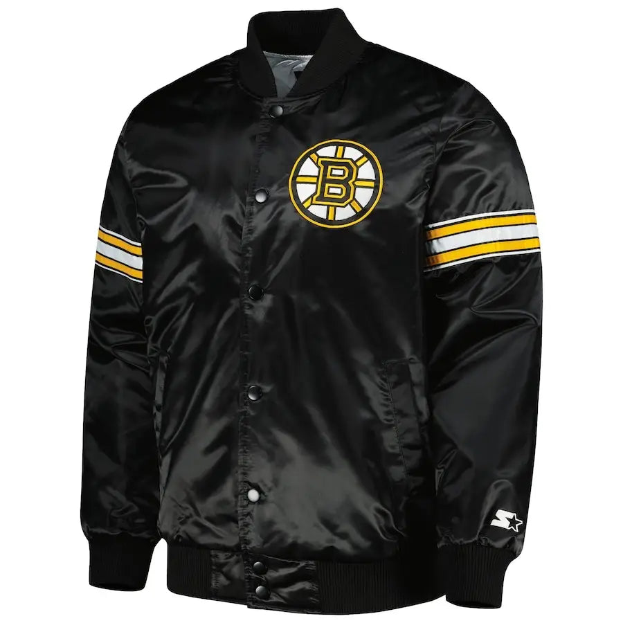 Men's Boston Bruins Black Pick & Roll Satin Varsity Jacket