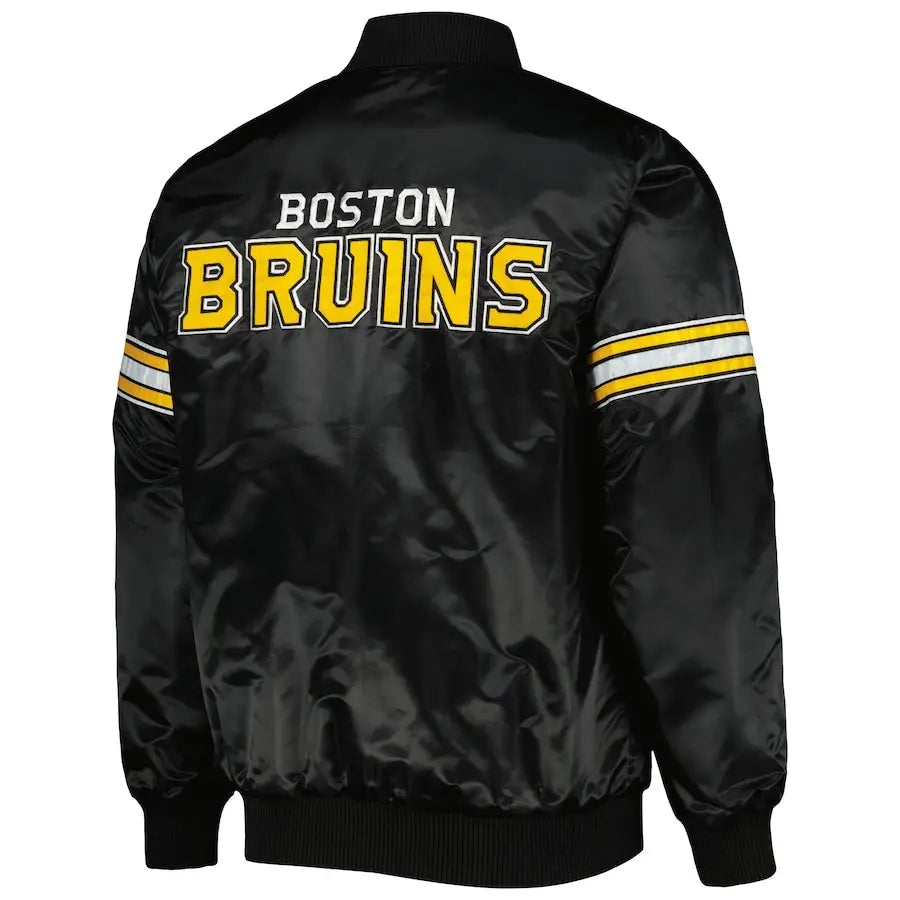 Men's Boston Bruins Black Pick & Roll Satin Varsity Jacket – Back View