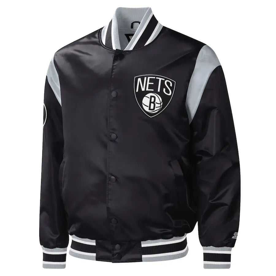 Men's Brooklyn Nets Black Starter Force Play Satin Varsity Jacket
