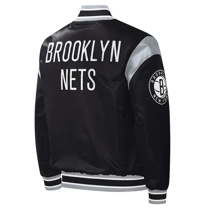 Men's Brooklyn Nets Black Starter Force Play Satin Varsity Jacket – Back View