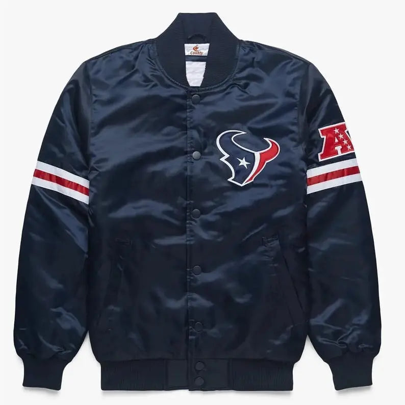 Men's Houston Texans Navy Blue Satin Bomber Jacket