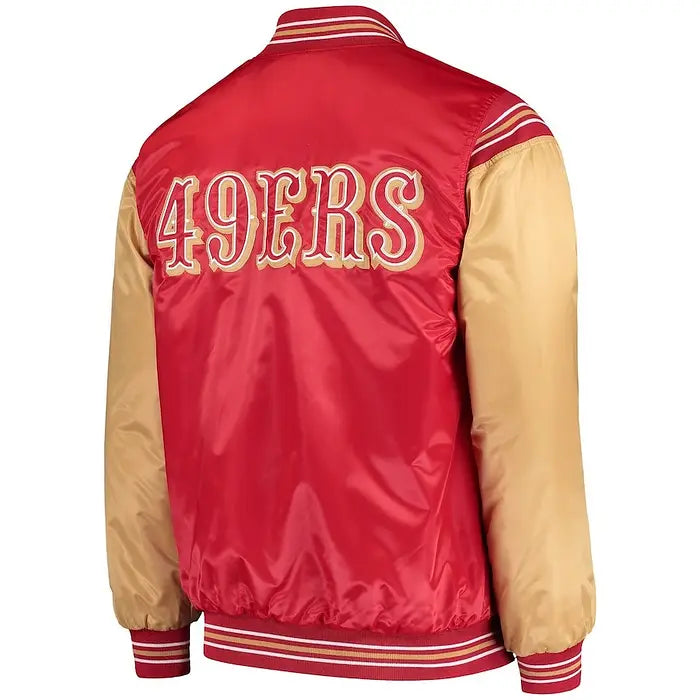 Men's San Francisco 49ers Scarlet and Gold Starter Enforcer Satin Varsity Jacket – Back View