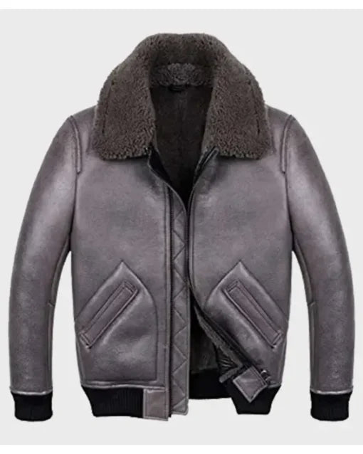Men's Grey B-2 Shearling Leather Bomber Jacket
