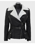 Women's Natalie Black Belted Shearling Leather Biker Jacket