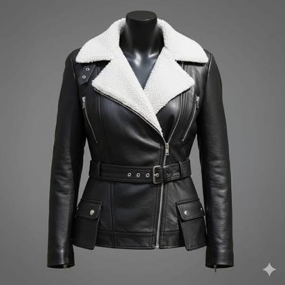 Women's Natalie Black Belted Shearling Leather Biker Jacket – Alternate View