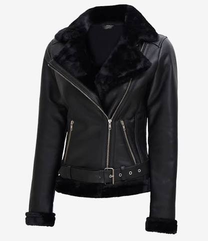 Women's Natalie Black Belted Shearling Leather Biker Jacket – Alternate View 2