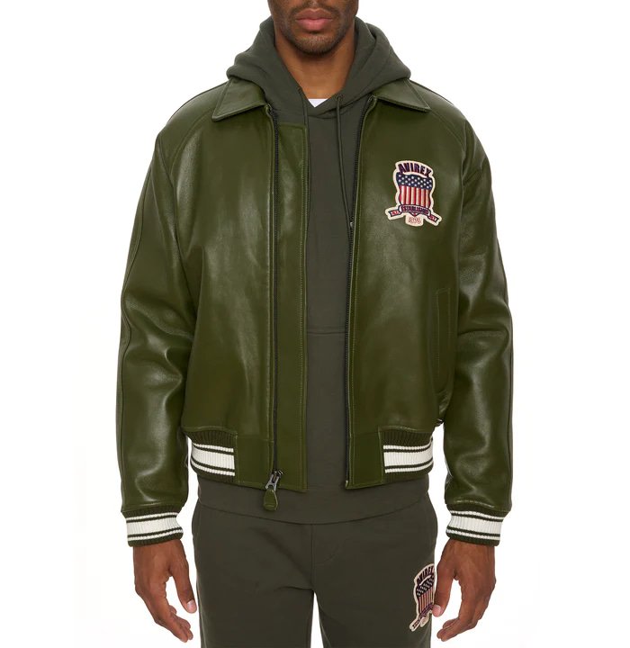 Avirex Olive Icon Leather Bomber Jacket – Front View 4