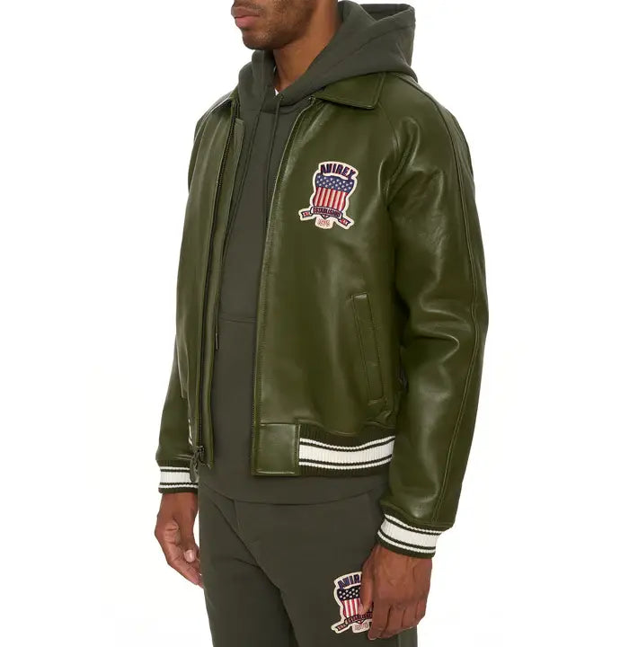 Avirex Olive Icon Leather Bomber Jacket – Front View 3