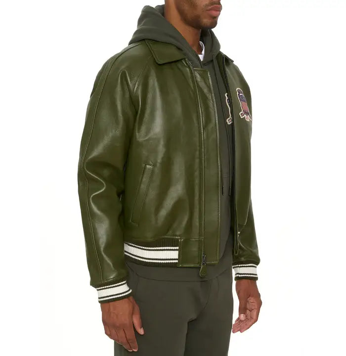 Avirex Olive Icon Leather Bomber Jacket – Front View 2