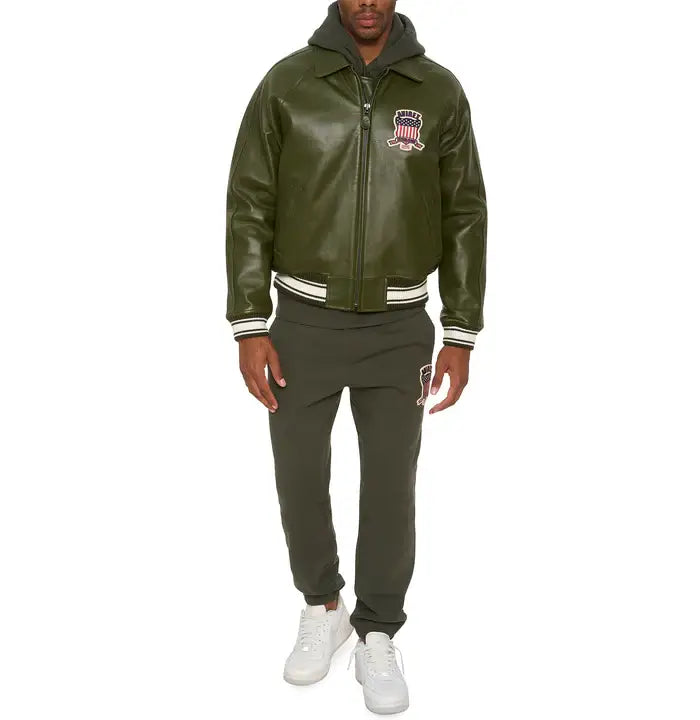 Avirex Olive Icon Leather Bomber Jacket – Front View