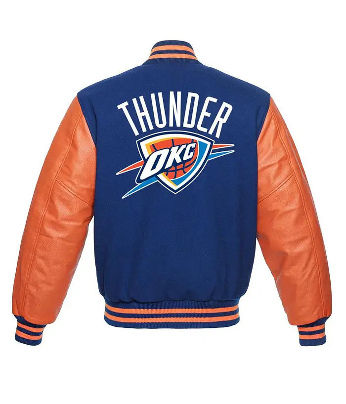 Oklahoma City Thunder Orange and Blue Wool Varsity Jacket – Back View