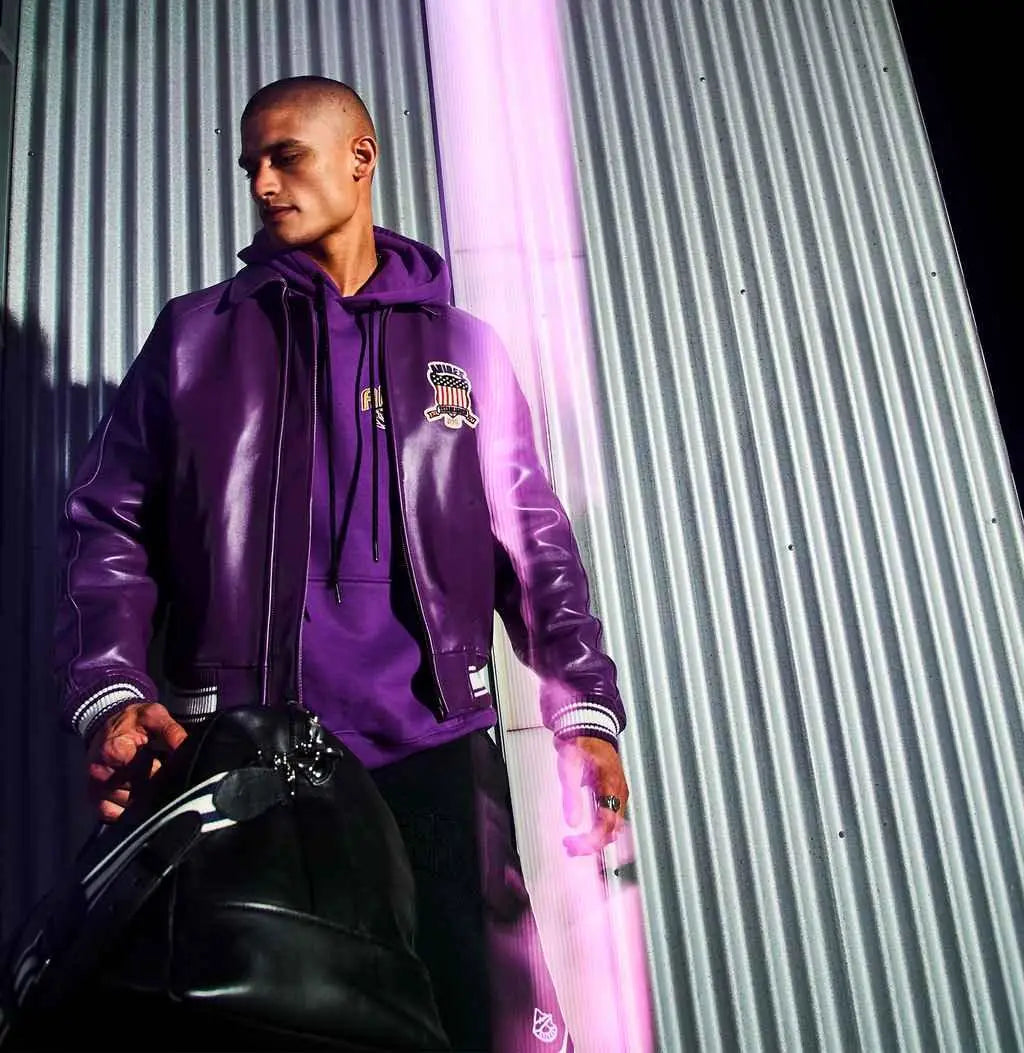 Avirex Purple Icon Leather Bomber Jacket – Front View