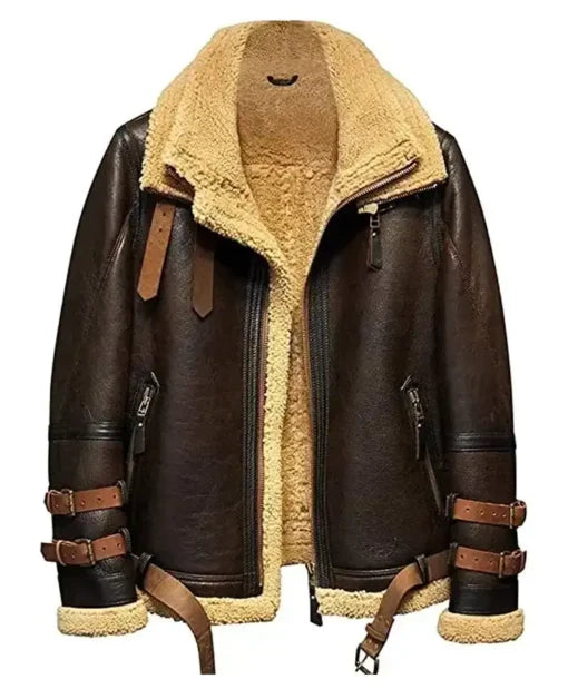 Men's Peter Brown Shearling Jacket with Triple Belted Cuffs