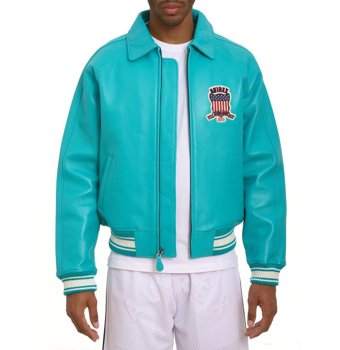 Avirex Turquoise Icon Leather Bomber Jacket – Front View 3