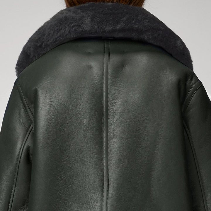 Women's Green and Black RAF Aviator Lambskin Shearling Jacket – Front View