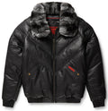 Black Leather V-Bomber Jacket with Chinchilla Collar