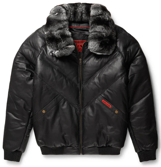 Black Leather V-Bomber Jacket with Chinchilla Collar
