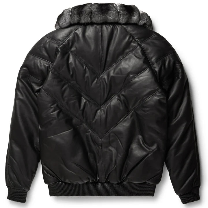 Black Leather V-Bomber Jacket with Chinchilla Collar – Back View