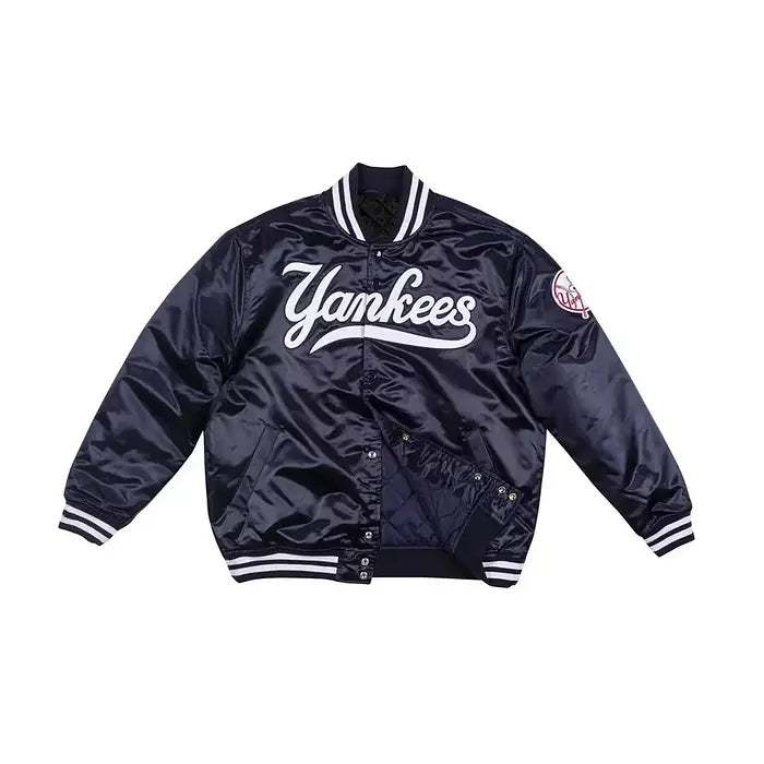 New York Yankees Vintage 90s Blue Satin Varsity Bomber Jacket – Front View