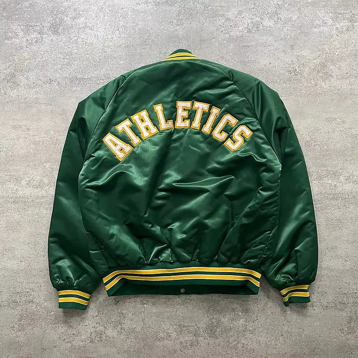 Oakland A's Vintage 90s Green Chalk Line Satin Bomber Jacket – Back View