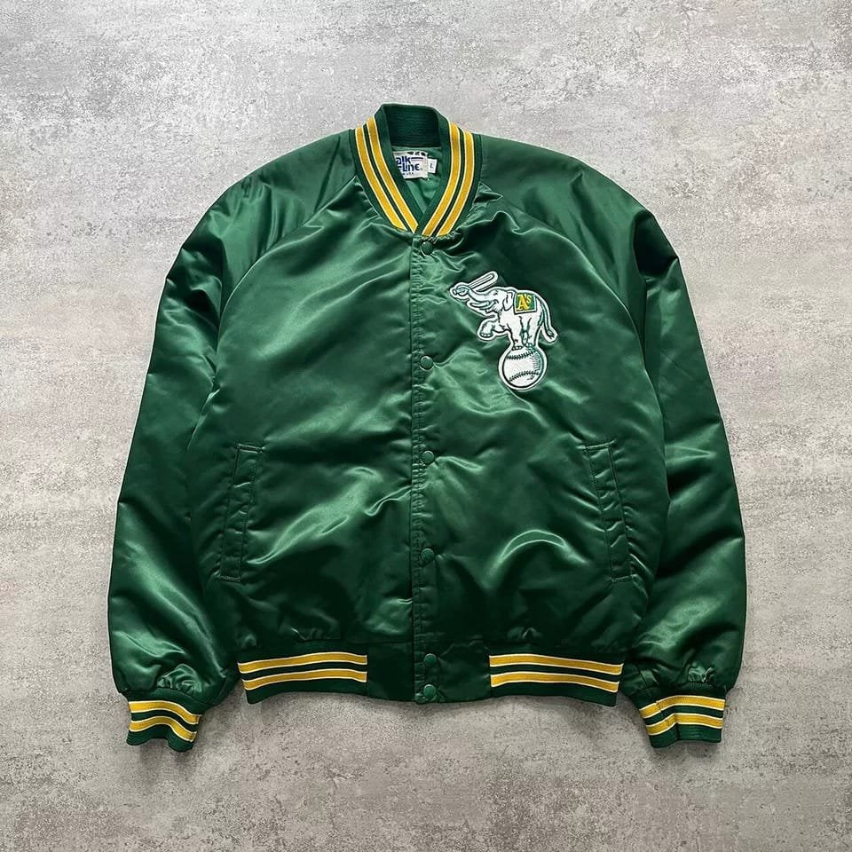 Oakland A's Vintage 90s Green Chalk Line Satin Bomber Jacket