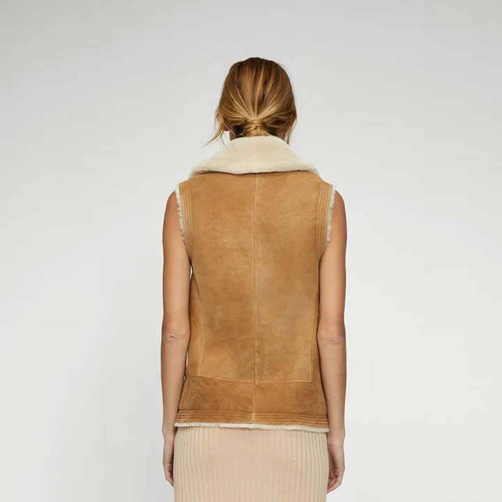 Women's Brown Sheepskin Shearling Vest – Front View 4
