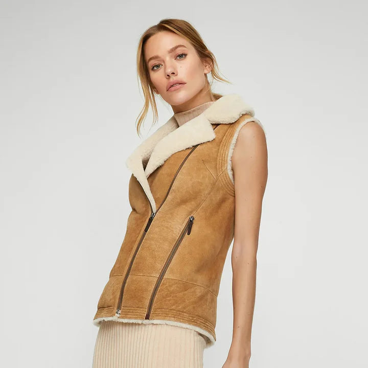 Women's Brown Sheepskin Shearling Vest – Front View 3