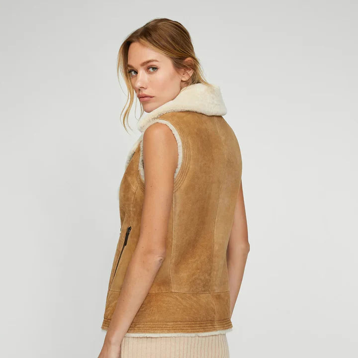 Women's Brown Sheepskin Shearling Vest – Front View 2