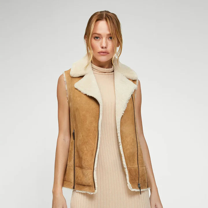 Women's Brown Sheepskin Shearling Vest – Front View