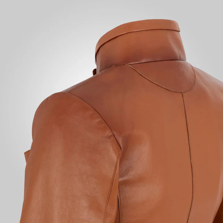 Women's Brown Cropped Goatskin Leather Jacket – Back View 2