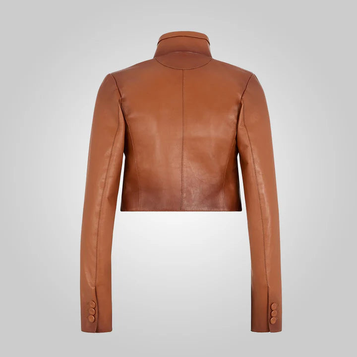 Women's Brown Cropped Goatskin Leather Jacket – Back View