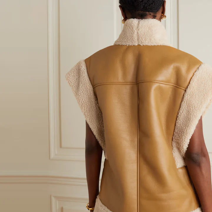 Women's Brown Thick Fur Shearling Sheepskin Vest – Front View 2