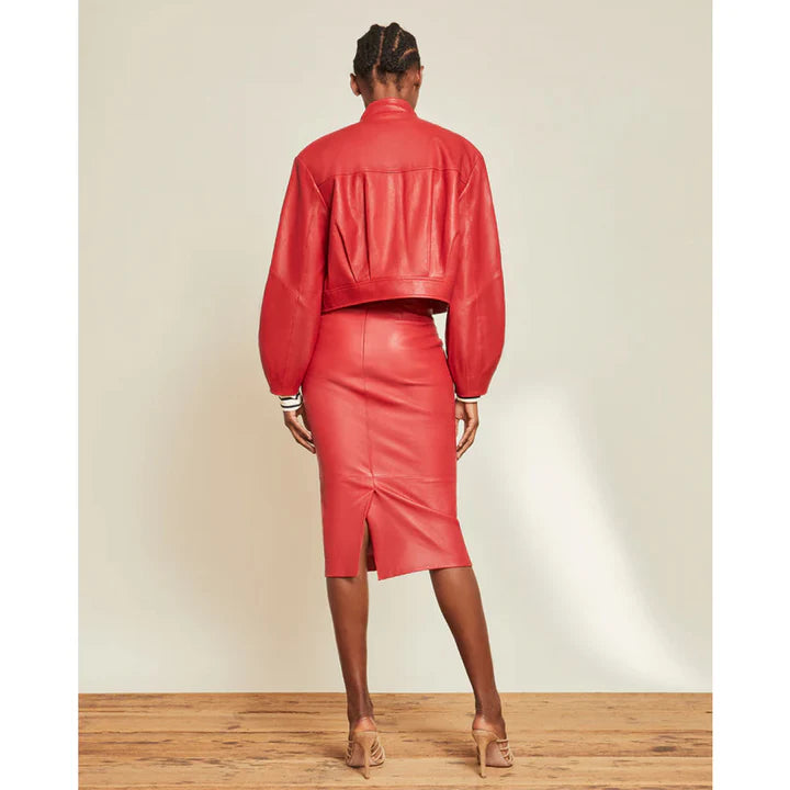 Women's Red Cropped Designer Leather Jacket – Back View