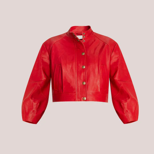 Women's Red Cropped Designer Leather Jacket